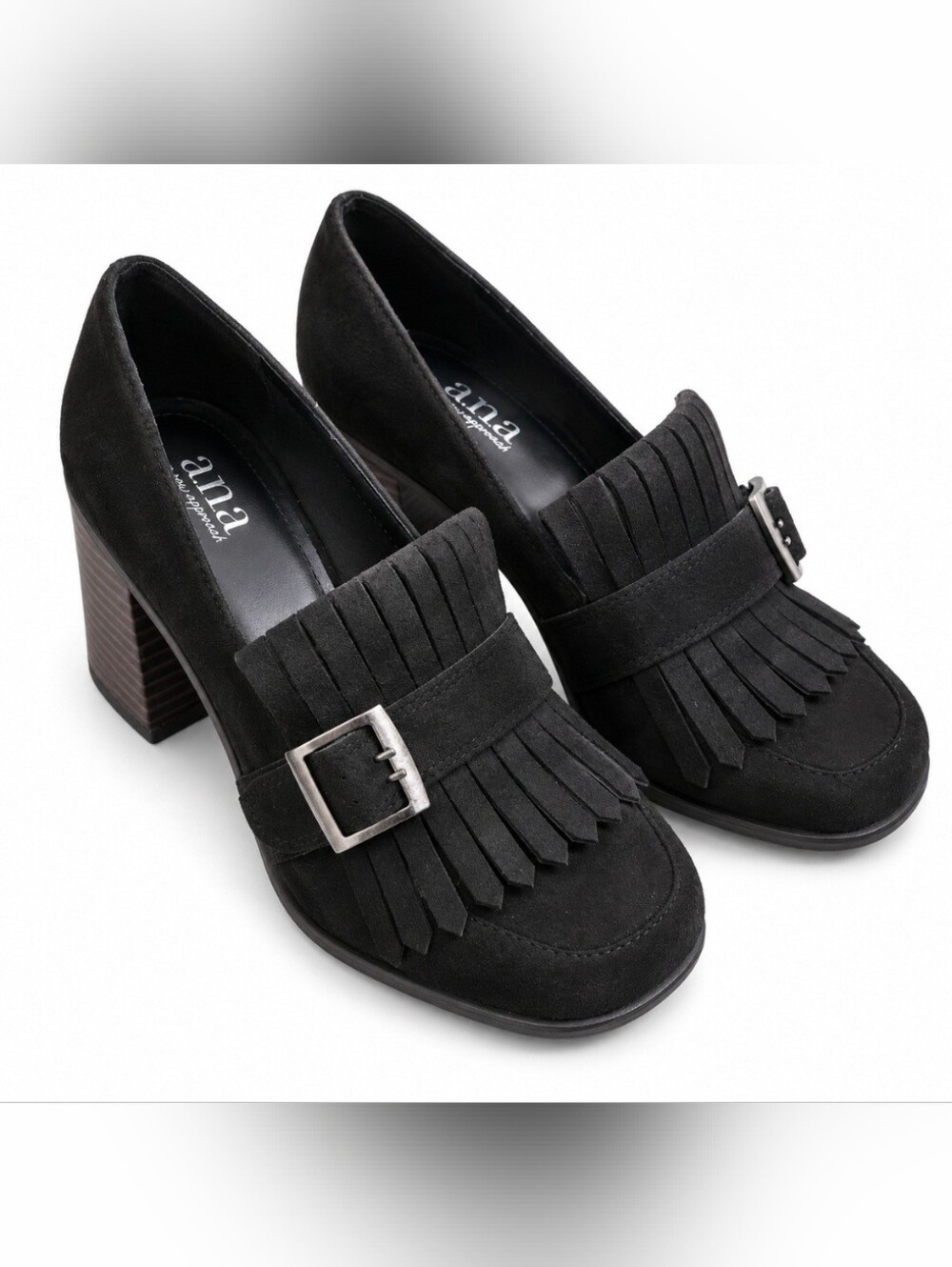 a.n.a Black Suede Fringe Buckle Block Heels